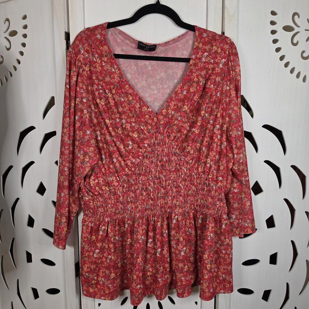 Women's Lane Bryant Sheer Red & Floral Baby Doll Shirt Long Sleeve Size 22/24